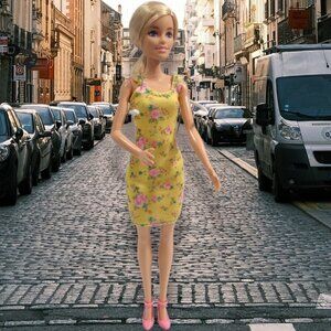 Mattel 2015 Barbie Doll Original Bonde Yellow & Pink Floral Dress & Pink Heels